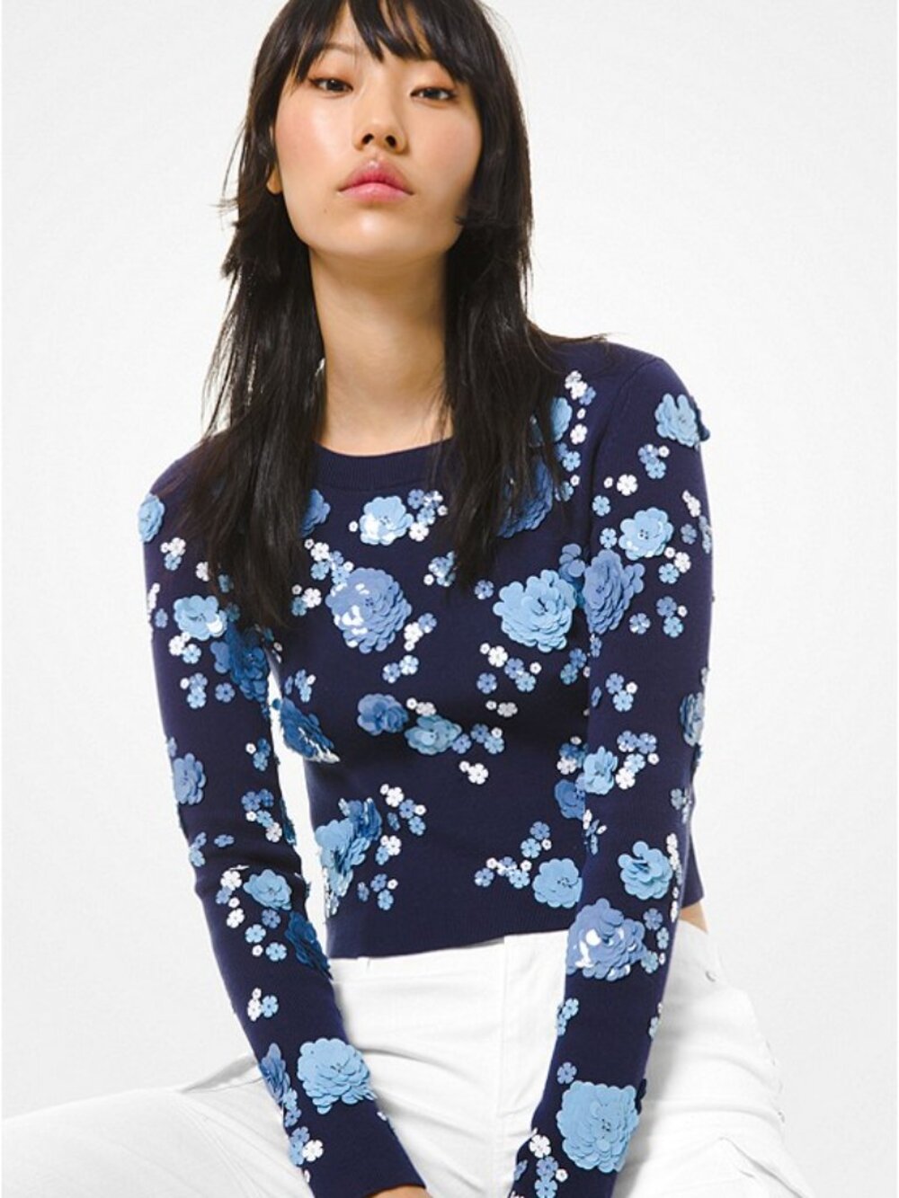 NWT Michael Kors Floras Sequined Supima Cotton Knit Top; Size XS